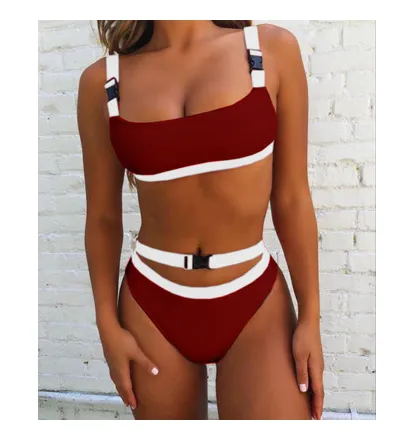 Bikini split solid color buckle swimsuit Wine - Shop at LoveMi