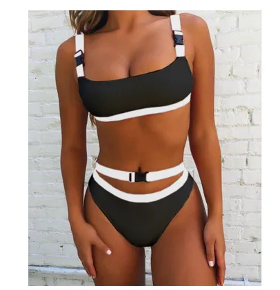 Bikini split solid color buckle swimsuit Black - Shop at LoveMi