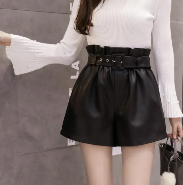 Pu female autumn and winter elastic waist high waist leather shorts Black - Shop at LoveMi