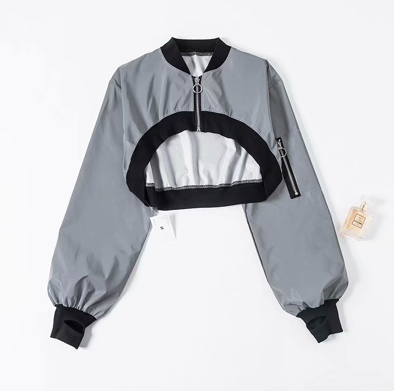 Ins super fire short zipper sweater reflective clothing female loose thin handsome hip hop outer cover shirt dance jacket