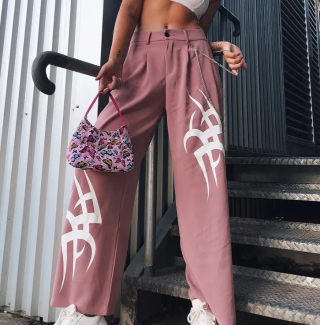 Smoke pink mopping asymmetrical printing slim wide leg pants Pink - Shop at LoveMi