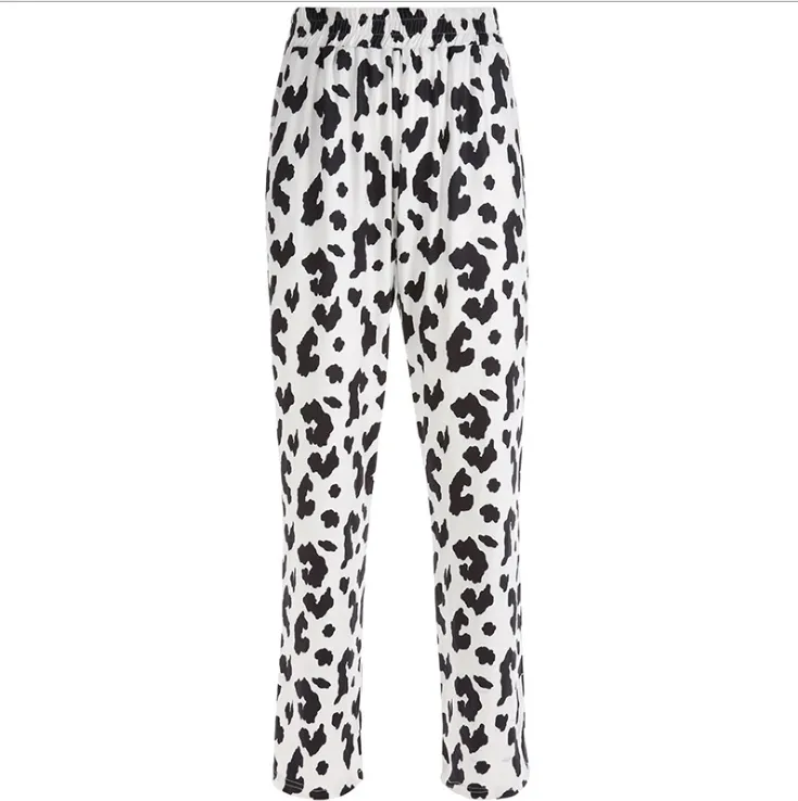 Cow print fashion high waist straight pants casual pants - White