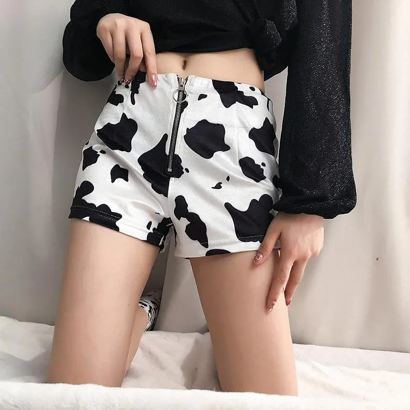 Fashion cow print slim zipper shorts women's casual pants - White