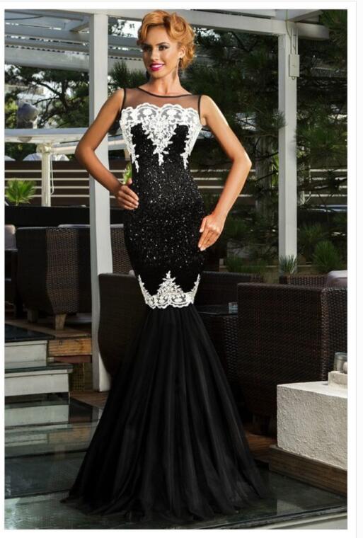 Europe and America long skirt sexy sleeveless sequin mesh stitching banquet evening dress dew backpack hip fishtail mopping dress Black - Shop at LoveMi