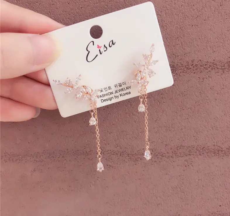 Leaf zircon tassels, hanging earrings, female earrings, silver needles