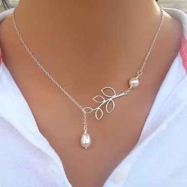 Leaf pearl drop clavicle chain - Silver