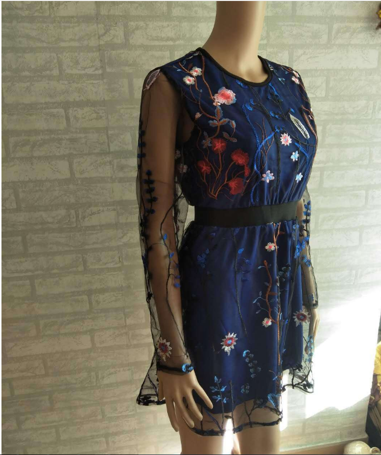 Women's Sexy Floral Embroidered Dress Transparent Mesh Summer Bohemian Mini Dress