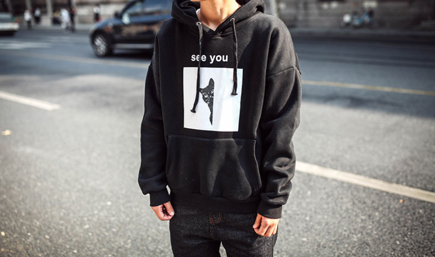 Autumn and winter new plus velvet thick sweater men's Korean version of the loose hooded sweater men's printing cat sweater coat men