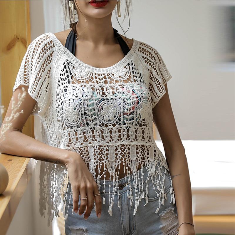 New crochet flower hollow perspective flower top small fringed beach holiday wind short blouse