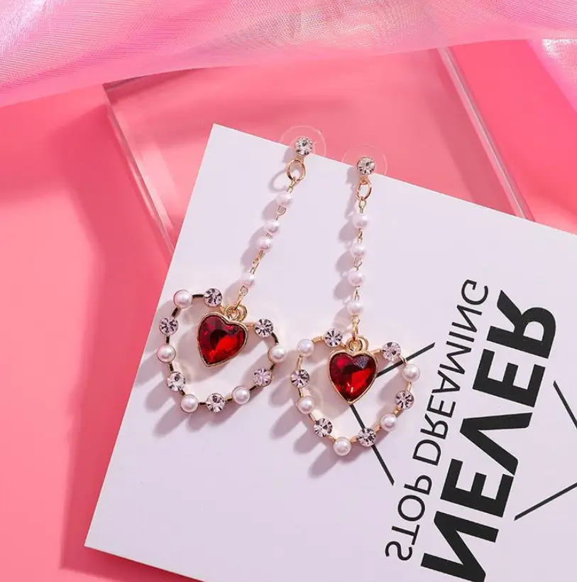 925 super fairy long pearl red gemstone love rhinestone earrings net red star temperament fashion earrings female
