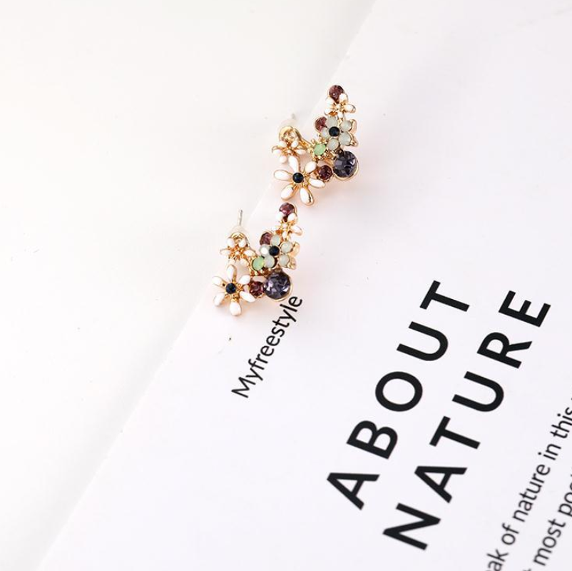 S925 silver needle Korea sweet flower earrings crystal color diamond earrings temperament personality after hanging fashion earrings B377