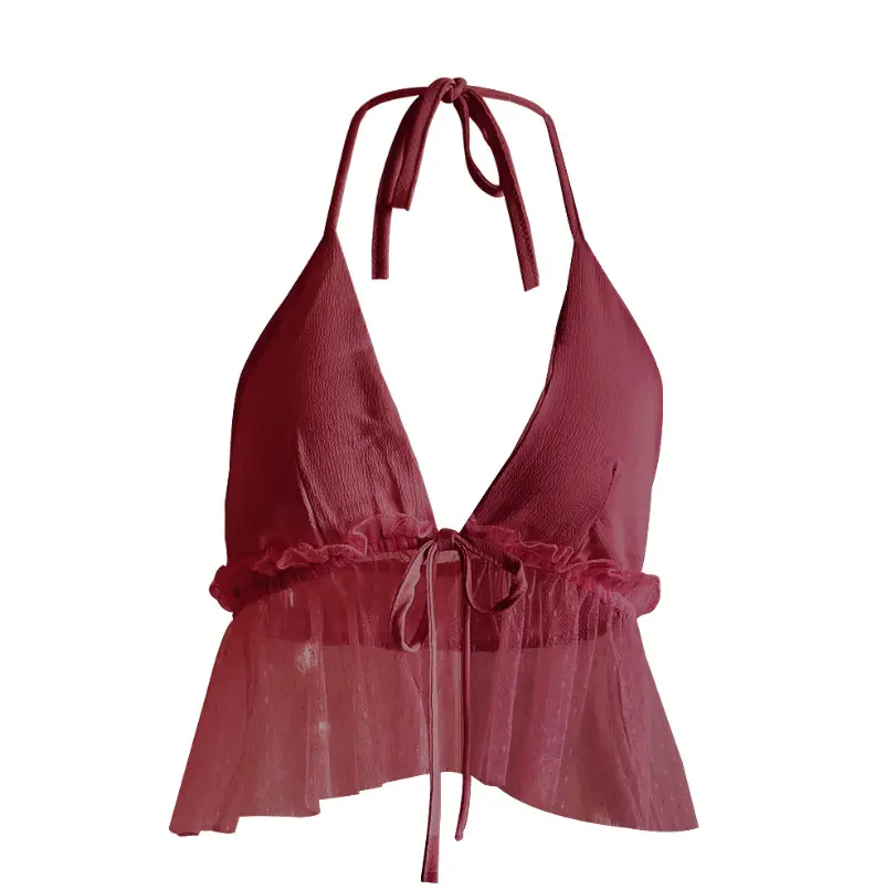 Top hanging neck front chest strap backless transparent gauze hem halter shirt women