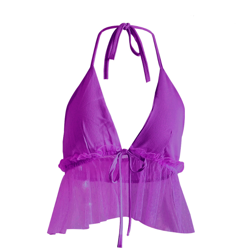 Top hanging neck front chest strap backless transparent gauze hem halter shirt women