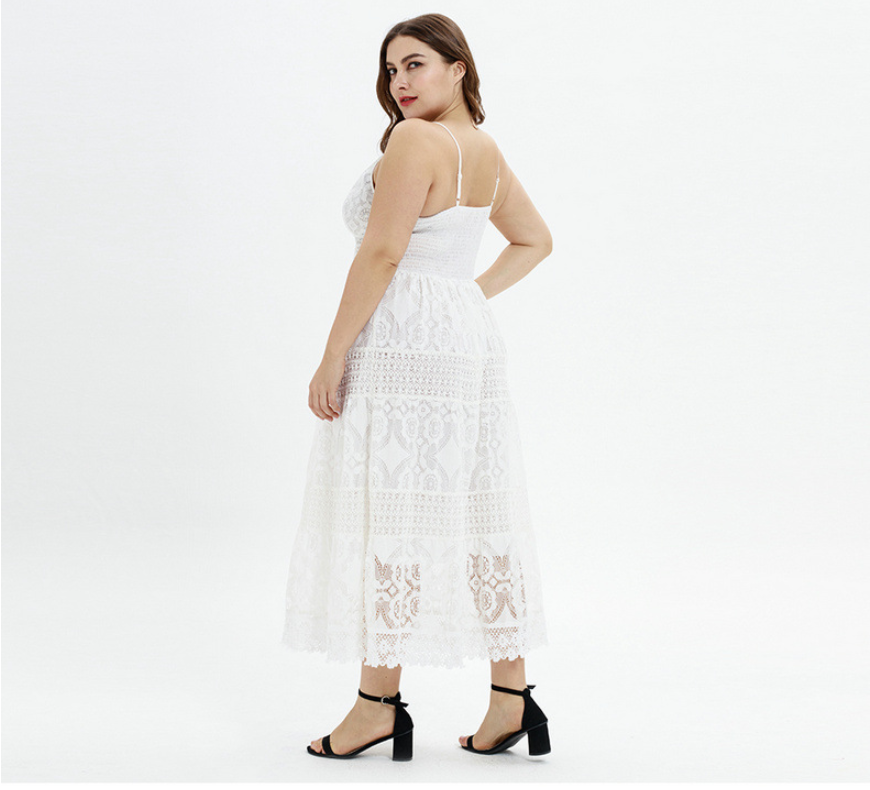 Cross-border supply Europe and America large size women's fat MM2021 spring and summer new solid color sling lace stitching dress