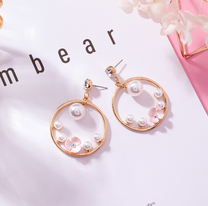 Personality exaggerated big circle earrings long temperament flower ring earrings pearl rhinestone earrings