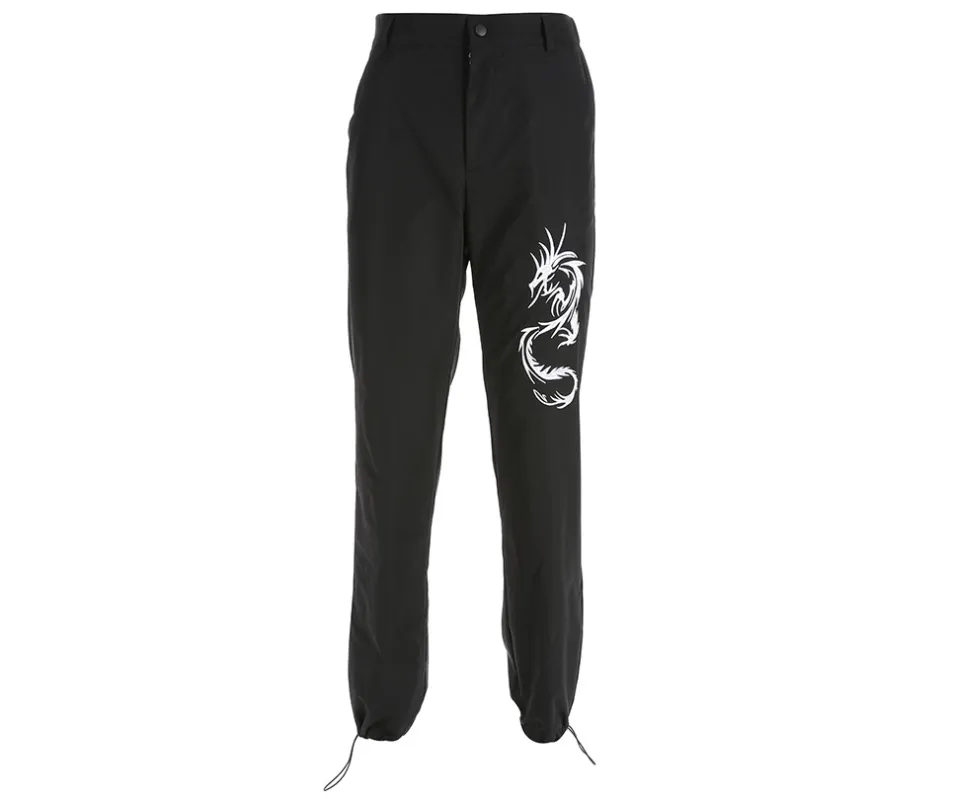 Explosion models women's new trend embroidery dragon-shaped casual pants - Black