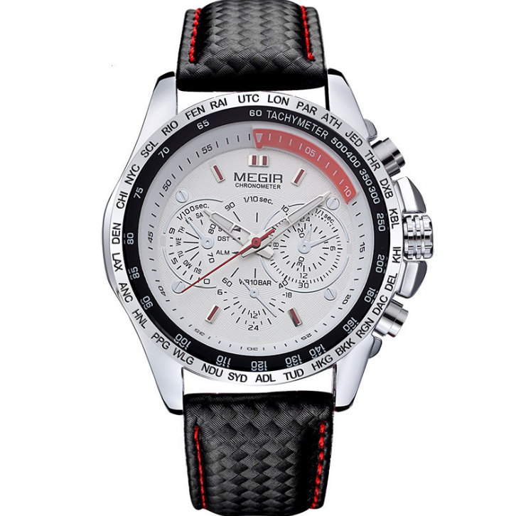 Men's Chronograph Sport Watch with Multi-Time Zone Bezel and Leather Band – MEGI