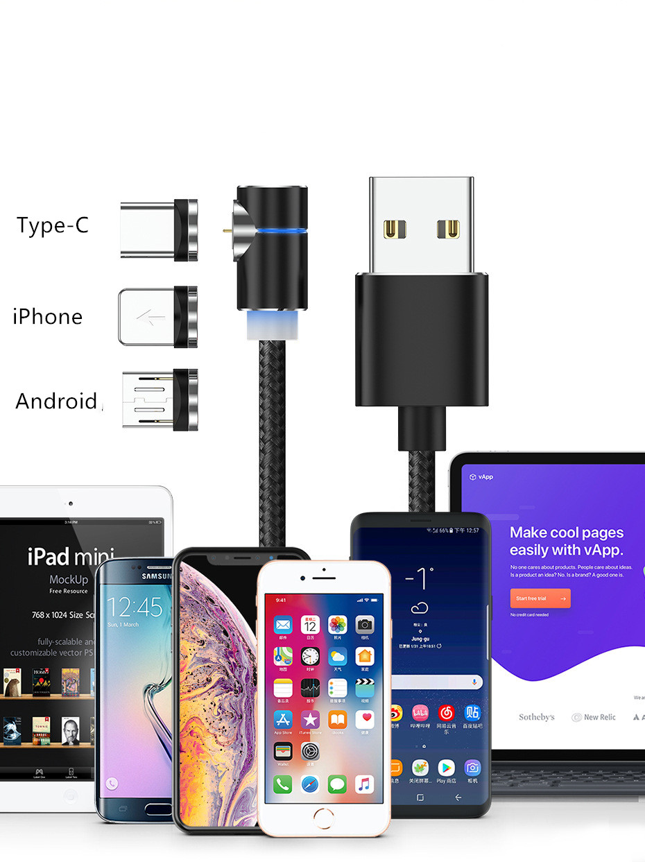 Магнитный кабель Светодиодный магнитный кабель для зарядного устройства USB-кабель и USB Type-C USB C
