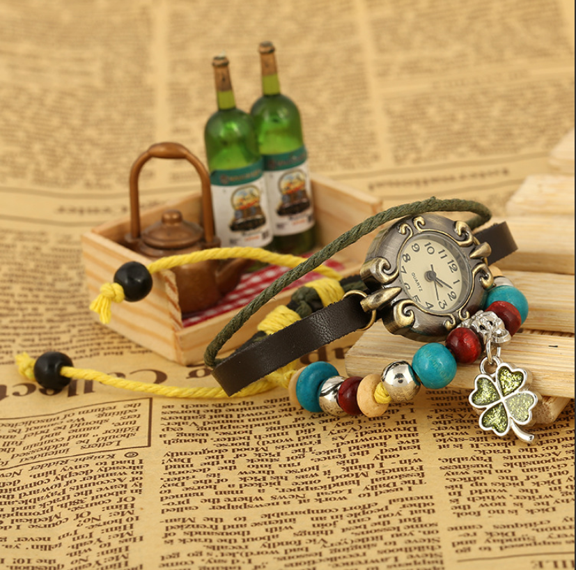 Sweet and lovely wind clover clover beaded leather bracelet girl leather bracelet watch student jewelry