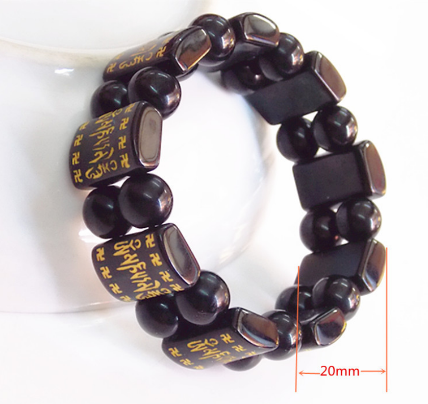 Natural black agate six-word mantra hand row men and women black obsidian bracelet square gold-plated square hand bracelet