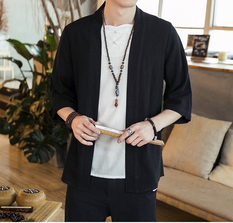 Летняя мужская однотонная рубашка-кардиган из хлопка и льна в китайском стиле Hanfu с семиточечным рукавом, мужская модная трендовая рубашка