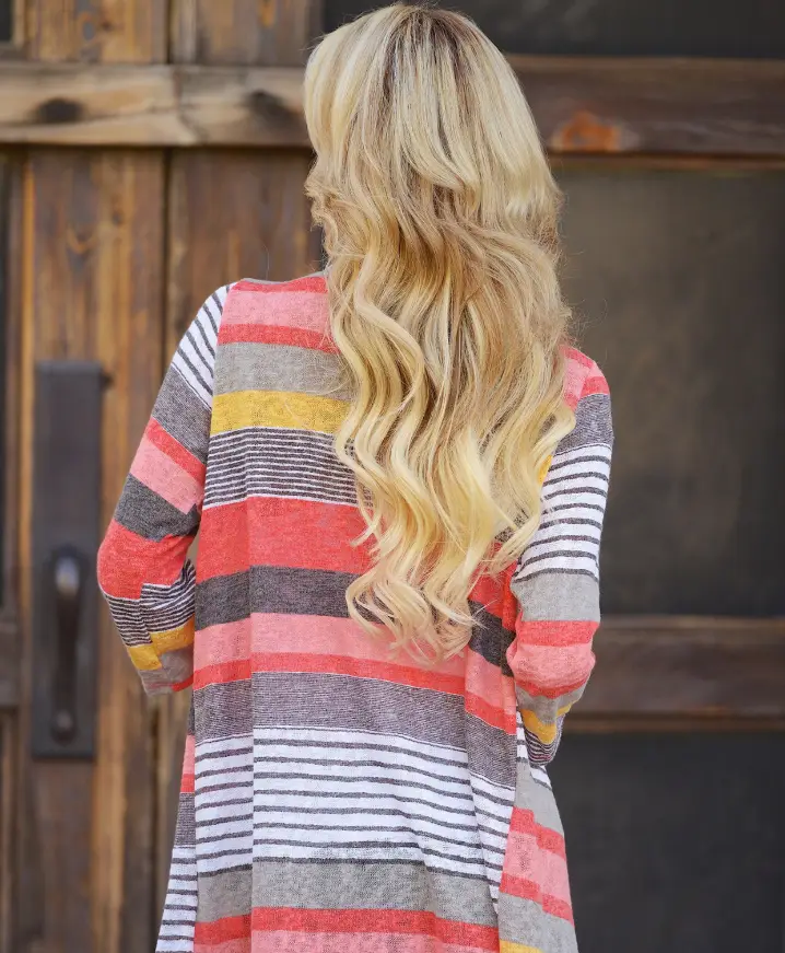 Asymmetrical Autumn Stripe Stitched Cropped Sleeve Cardigan