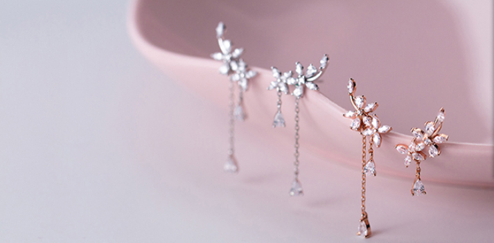 Fringed flower zircon sterling silver earrings