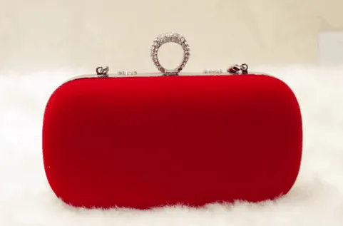 New fashion water drill finger ring suede high end handbag banquet dress chain diagonal small square bag Red - Shop at LoveMi