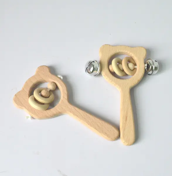 Baby wooden toy Elm handle rattle No paint safety Bite bite