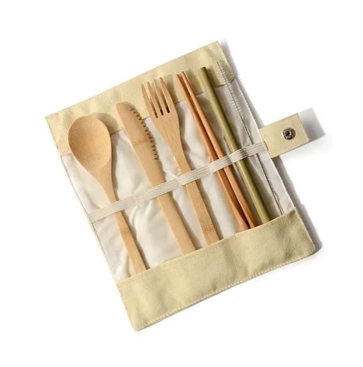 Bamboo Utensils Wooden Travel Cutlery Set Reusable with Pouch