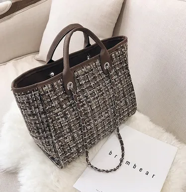 Plaid cloth handbag Fashion big bag Spring and summer new chain shoulder bag tide small fragrance handbag Coffee - Shop at LoveMi