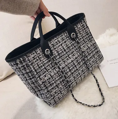 Plaid cloth handbag Fashion big bag Spring and summer new chain shoulder bag tide small fragrance handbag Black - Shop at LoveMi