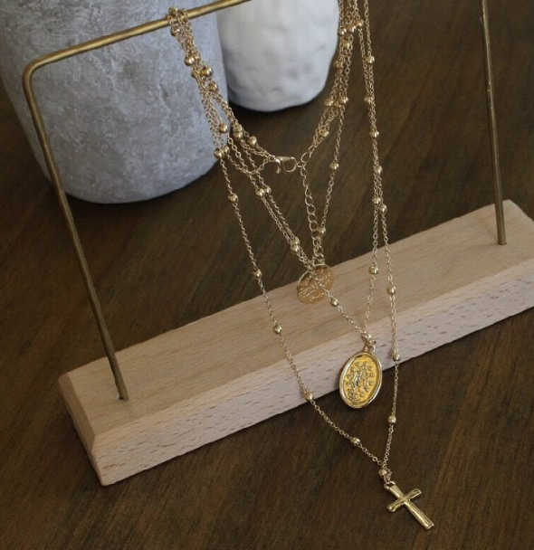 Madonna statue cross necklace multi-layer retro street ins coin clavicle chain