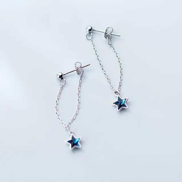 Blue diamond five-pointed star sweet back-hanging earrings