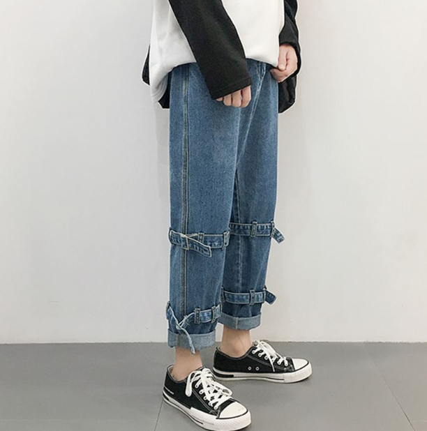 Tooling jeans male street hip hop ins Korean version of the trend of men's net red pants fall wide leg loose straight pants