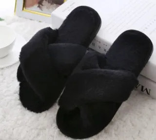 Winter Women Home Slippers With Faux Fur Fashion Warm Shoes Woman Slip On Flats Female Slides Black Plus Size - Black