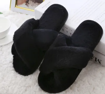 Winter Women Home Slippers With Faux Fur Fashion Warm Shoes Woman Slip On Flats Female Slides Black Plus Size - Black
