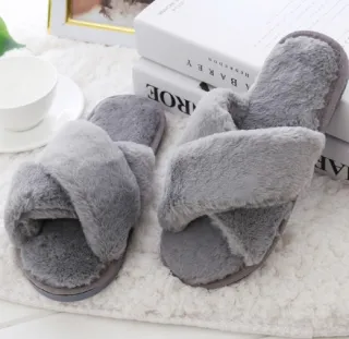 Winter Women Home Slippers With Faux Fur Fashion Warm Shoes Woman Slip On Flats Female Slides Black Plus Size - Gray