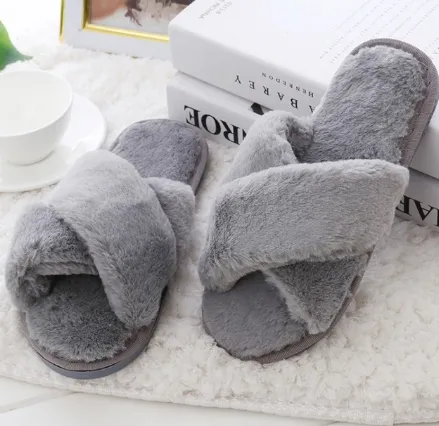 Winter Women Home Slippers With Faux Fur Fashion Warm Shoes Woman Slip On Flats Female Slides Black Plus Size - Gray