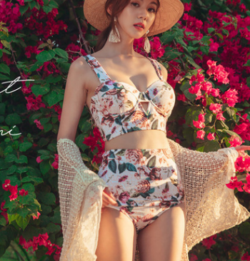 New swimwear women's net red floral small  steel plate gathers slim bikini skirt three-piece swimsuit