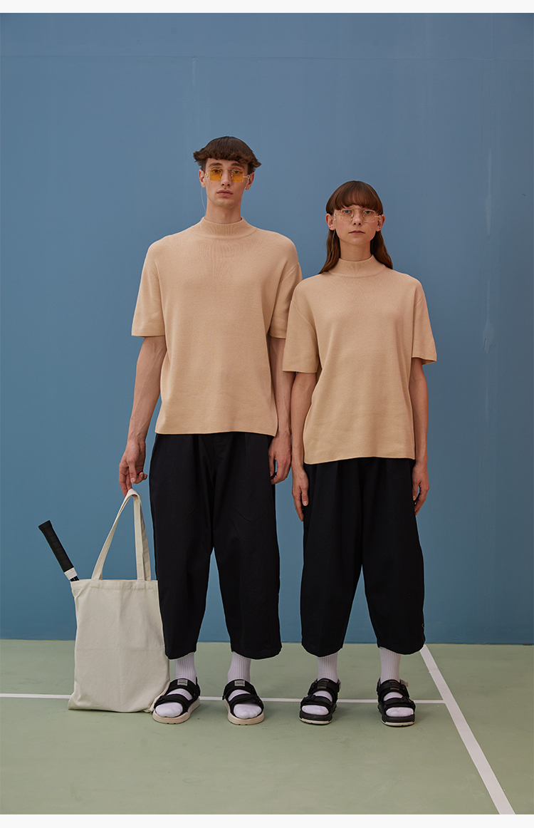 Square houlest wild retro simple chic solid color basic knitted half-high collar short-sleeved T-shirt tee