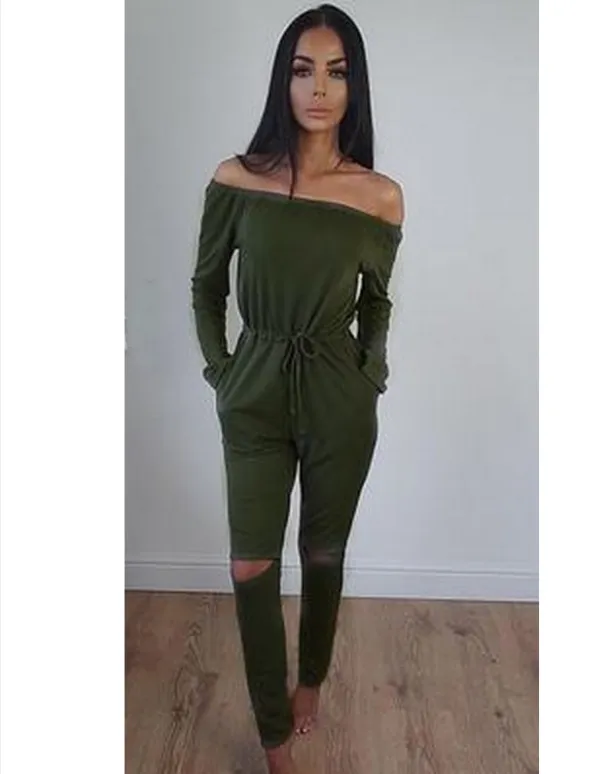 foreign trade autumn new new off the shoulder hole jumpsuit Green - Shop at LoveMi