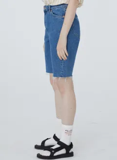 Square houlest original design raw denim shorts female high waist loose pants five pants new - Blue - View 1
