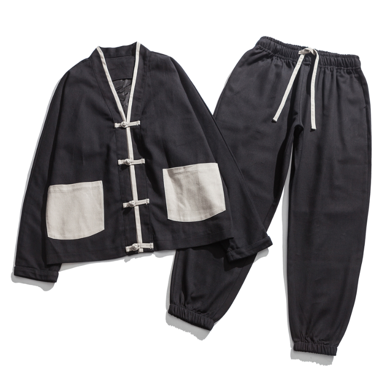 Autumn new men's color matching kimono retro Hanfu plate buckle jacket suit men's casual pants large size set of tide