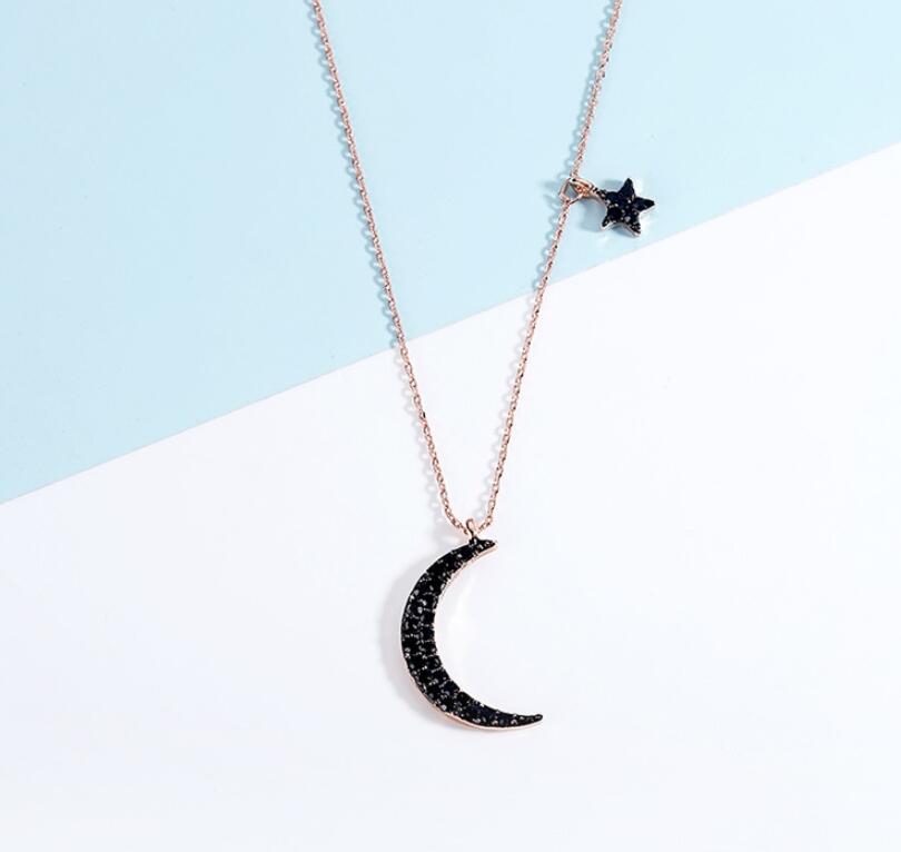 black diamond stars moon necklace clavicle chain silver needle asymmetric earrings tassel long earrings