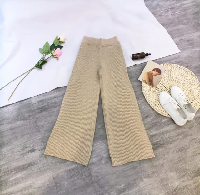 New spring and winter warm oil wind simple slim loose casual high waist pendant knit wide leg pants women Khaki - Shop at LoveMi