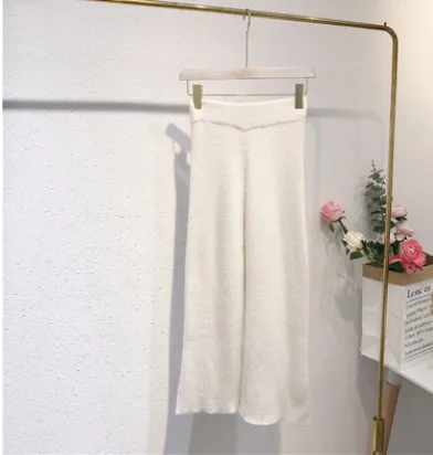 New spring and winter warm oil wind simple slim loose casual high waist pendant knit wide leg pants women Milk White - Shop at LoveMi
