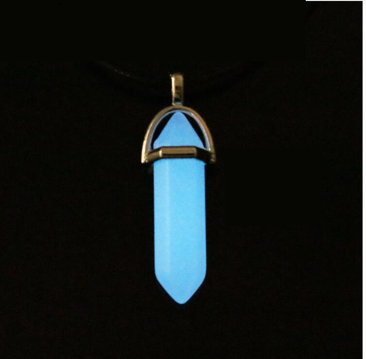 Leather Rope  Luminous Pendantfashion Luminous Stone Fluorescent Stone Hexagonal Natural Crystal Pendant Necklace