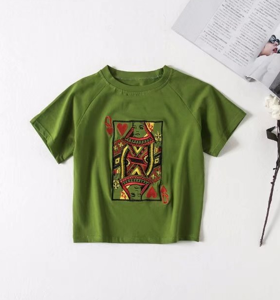 Women's Summer Fashion Slim Embroidered Round Neck Short Sleeve T-Shirt Top Women