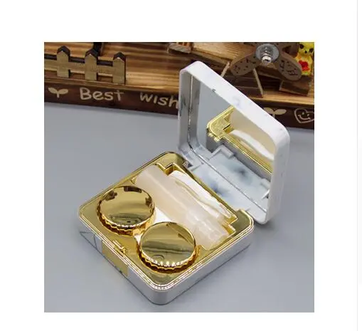 Square Contact Lenses Case Marble Surface Mirror Lens Container Box Travel Eye Contacts Holder Cover Soaking Contact Lenses Golden - Shop at LoveMi